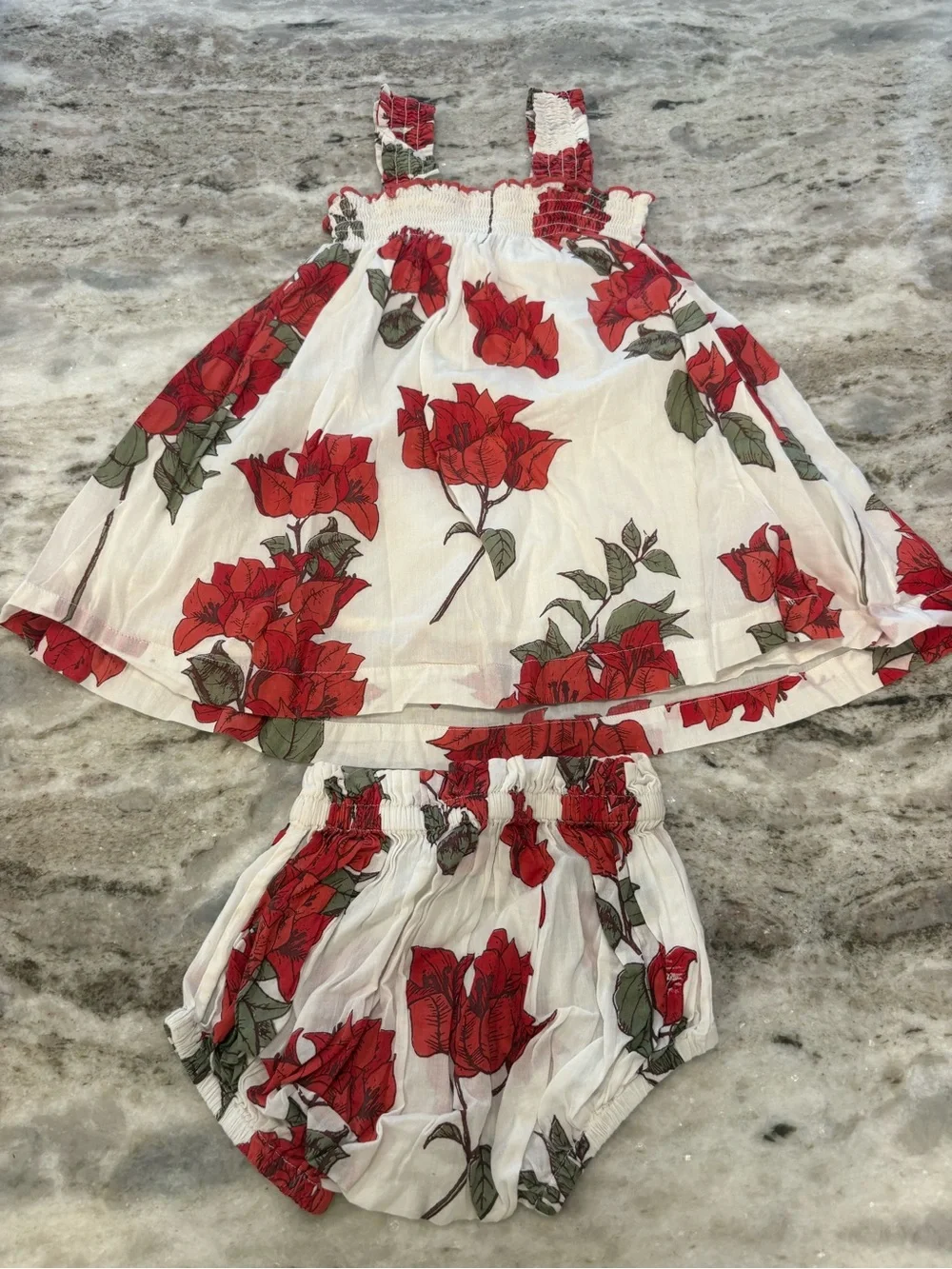 Pink Chicken White Dress & Bloomers with Red Floral Print